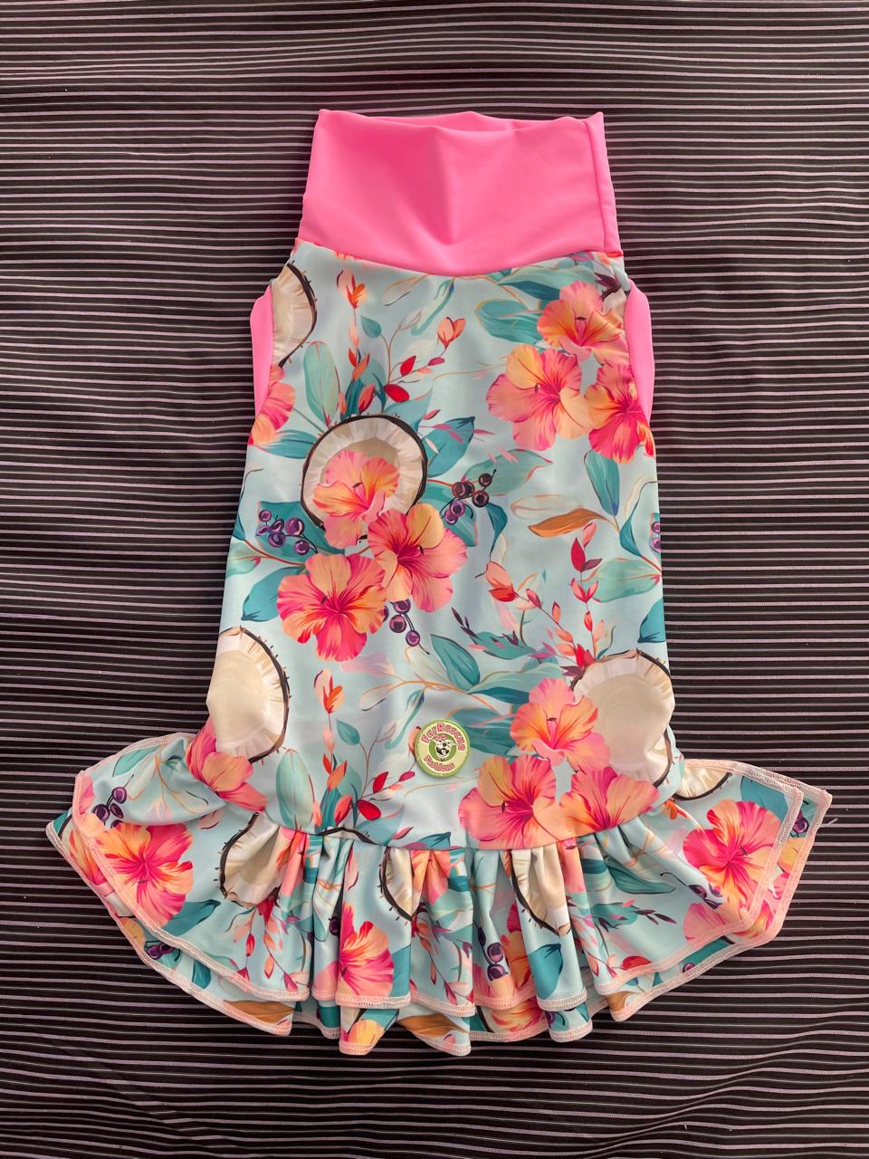 Coconut Kisses with Hibiscus Bliss - Dog Pajama with Pink Neck & Trim/Sleeves