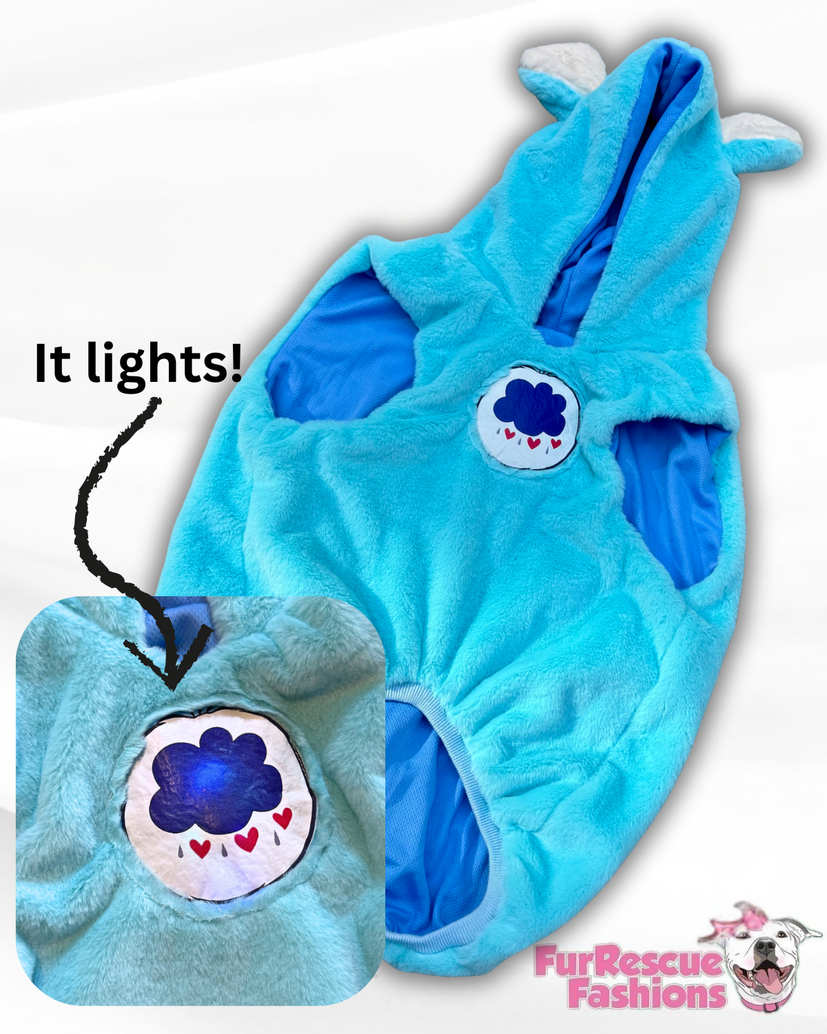 Grumpy Bear Light-Up Dog Hoodie – Luxury Blue Fleece with Ears, Tail & Heart Patch