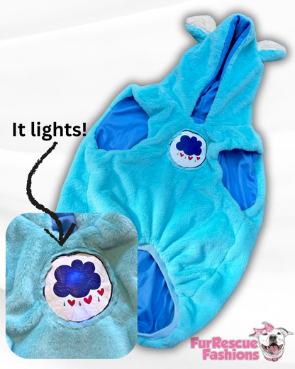 Grumpy Bear Light-Up Dog Hoodie – Luxury Blue Fleece with Ears, Tail & Heart Patch