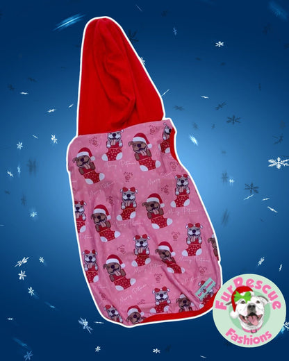Merry Pitmas Pink- Dog Pajama with Red Neck & Trim/Sleeves