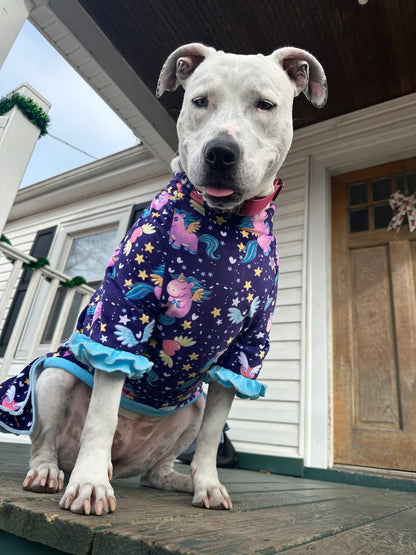 Sparkly Unicorn Dog Pajama with Aqua Neck & Trim/Sleeves