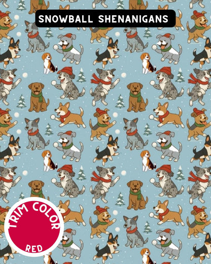 Snowball Shenanigans Dog Pajama with Red Neck & Trim/Sleeves