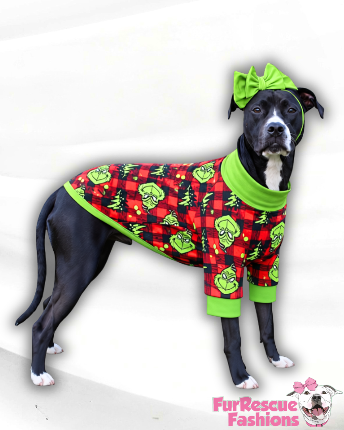 Merry Grinchmas Buffalo Plaid Ultra-Luxe - Dog Pajama with Green Neck & Trim/Sleeves