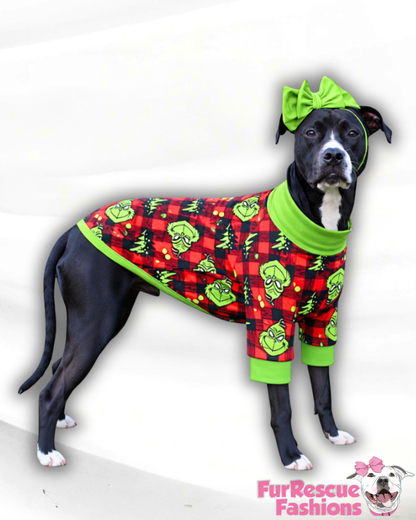 Merry Grinchmas Buffalo Plaid Ultra-Luxe - Dog Pajama with Green Neck & Trim/Sleeves