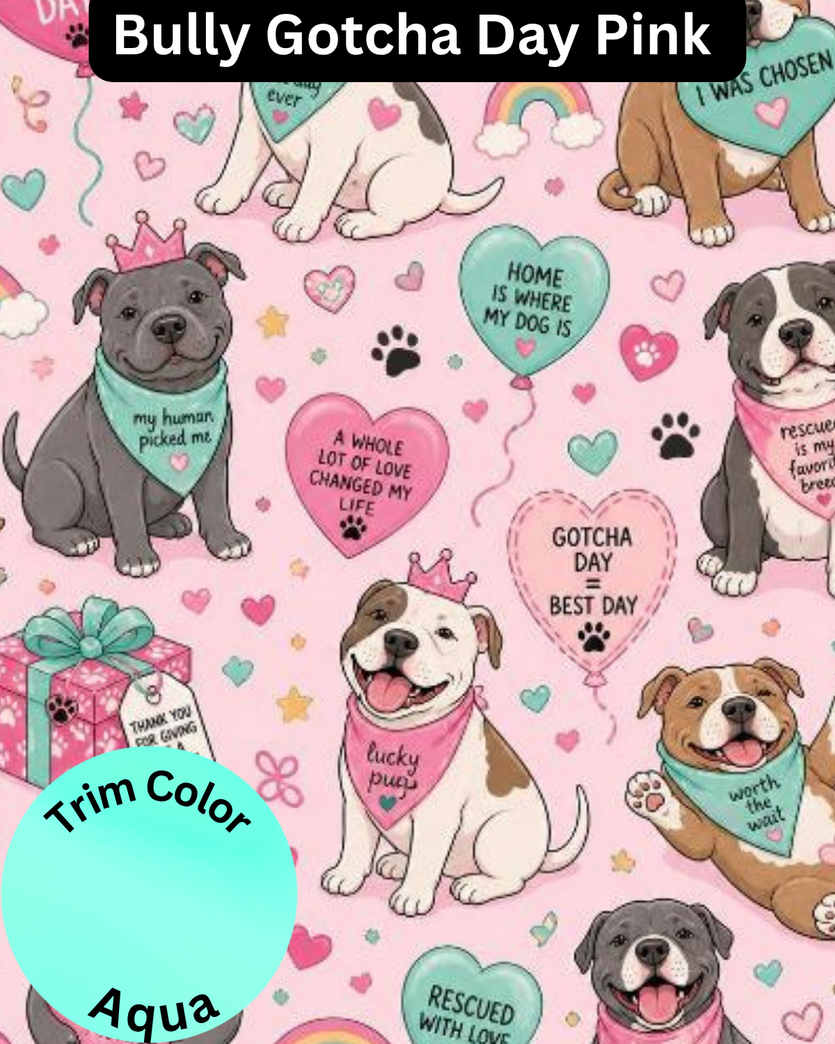 Bully Gotcha Day Pink - Dog Pajama with Aqua Neck & Trim/Sleeves