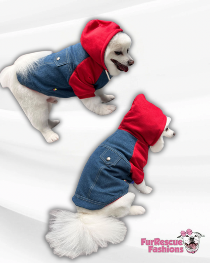 Denim Dog Jacket with Red Hoodie & Sleeves