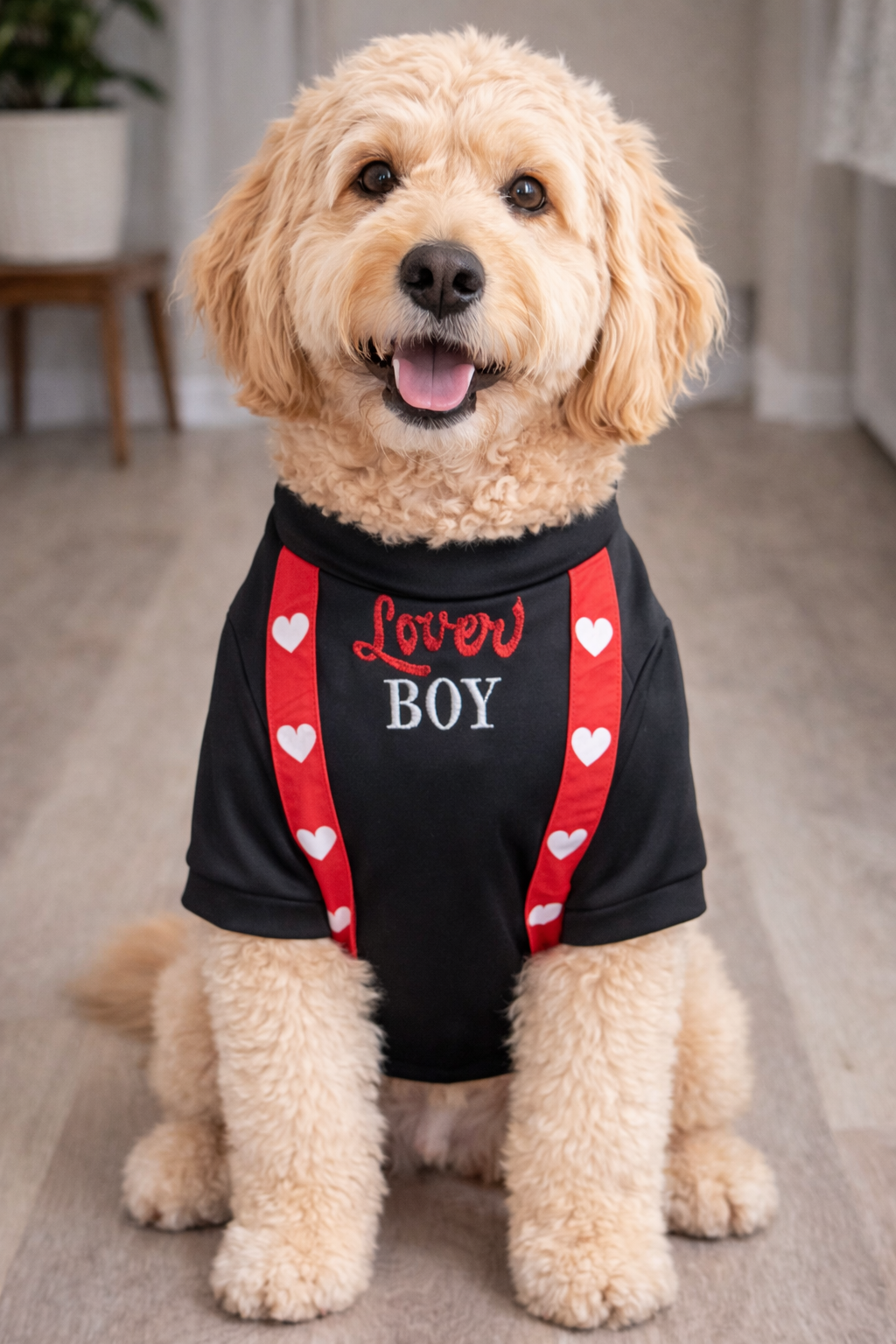 Lover Boy Valentine Dog Shirt With Suspenders & Embroidery