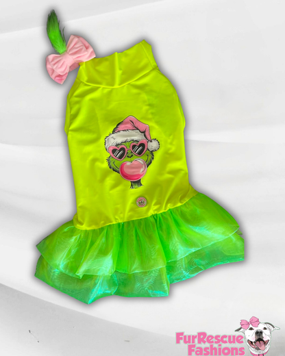 Grinch Bubblegum Dog Tutu Dress With Headband