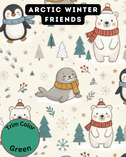 Arctic Winter Friends - Dog Pajama with Green Neck & Trim/Sleeves