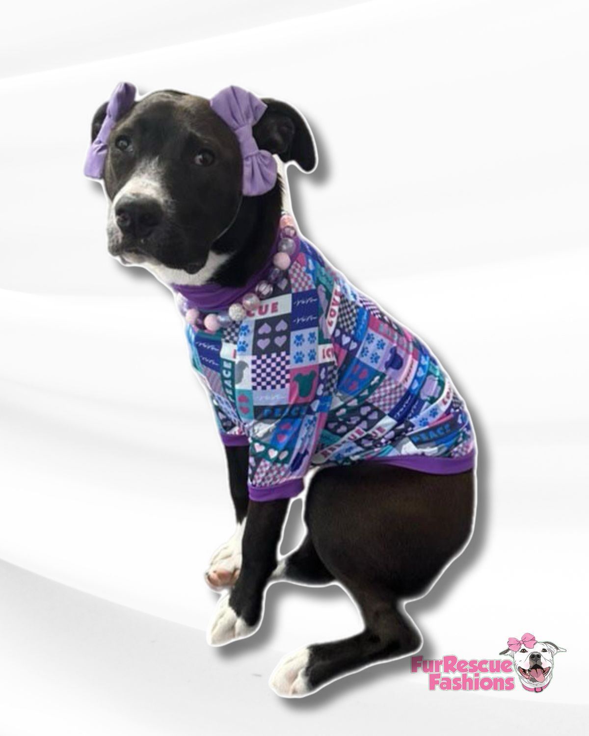 Peace, Love, Rescue (Purple) - Dog Pajama with Purple Trim/Sleeves