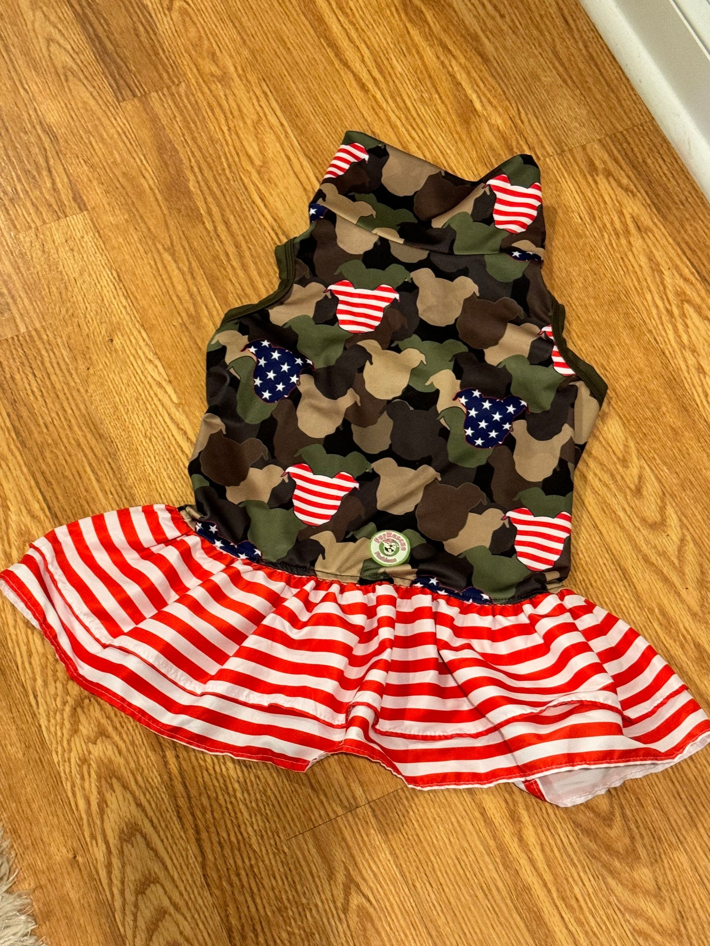 Patriotic Pittie Camo – Dog Pajama with Olive Green Neck & Trim/Sleeves
