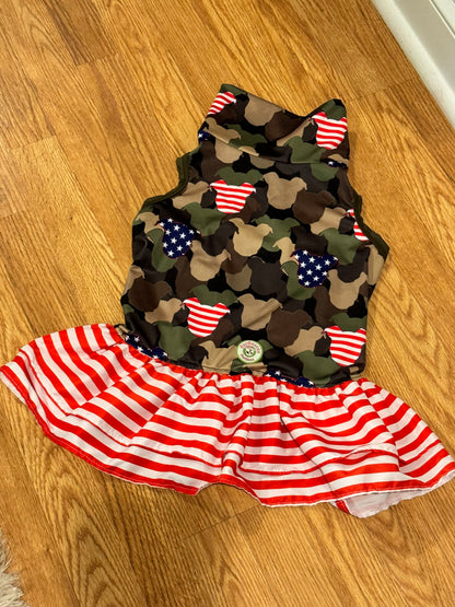 Patriotic Pittie Camo – Dog Pajama with Olive Green Neck & Trim/Sleeves