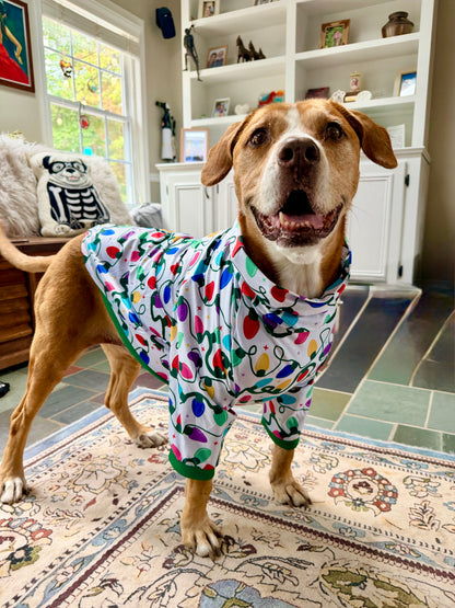 Merry & Bright Christmas Lights - White   - Dog Pajama with Green Neck & Trim/Sleeves