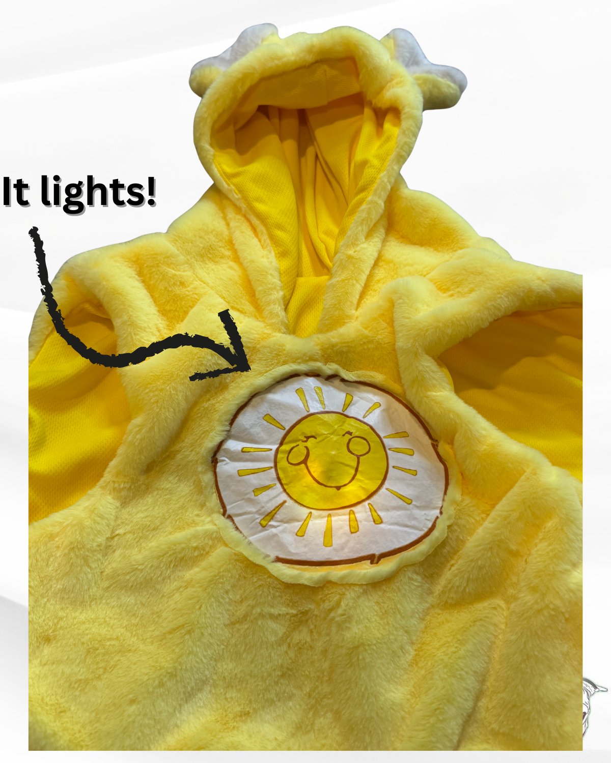 Funshine Bear Light-Up Dog Hoodie – Yellow Fleece Care Bear Outfit with Ears, Tail & Sun Patch