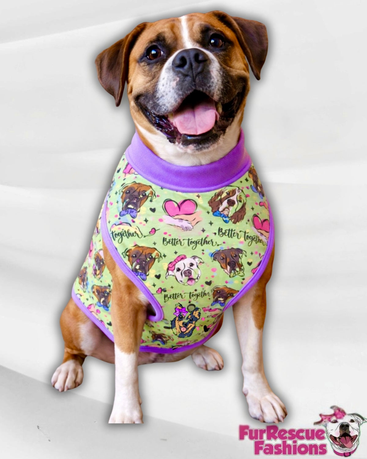 Better Together (Green) - Dog Pajama with Purple Neck & Trim/Sleeves