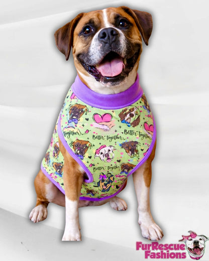 Better Together (Green) - Dog Pajama with Purple Neck & Trim/Sleeves