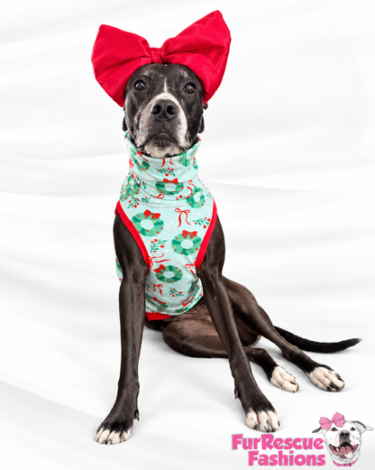 Christmas Wreaths & Red Bow - Dog Pajama with Red Neck & Trim/Sleeves