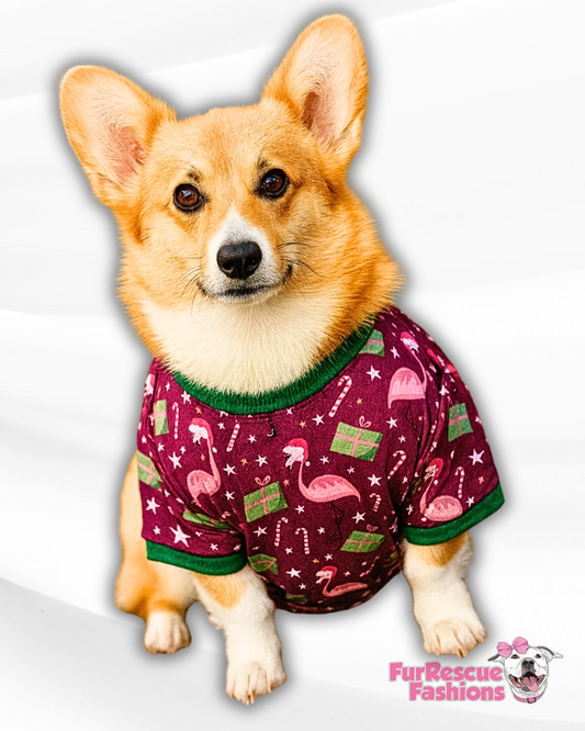 Fa-La-La-Mingo Dog Pajama with Green Neck & Trim/Sleeves