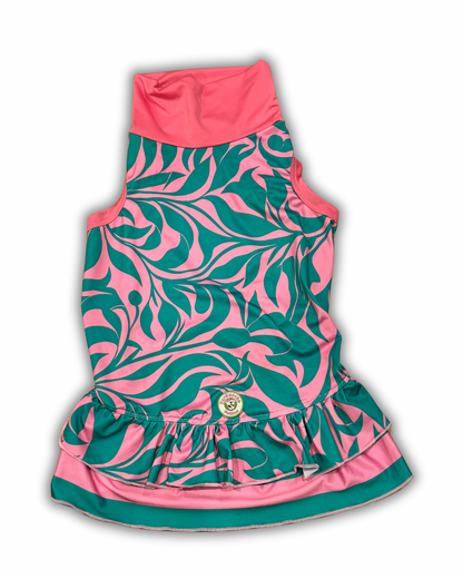 Pink & Aqua Coral Vines Sleeveless Ruffle Dress