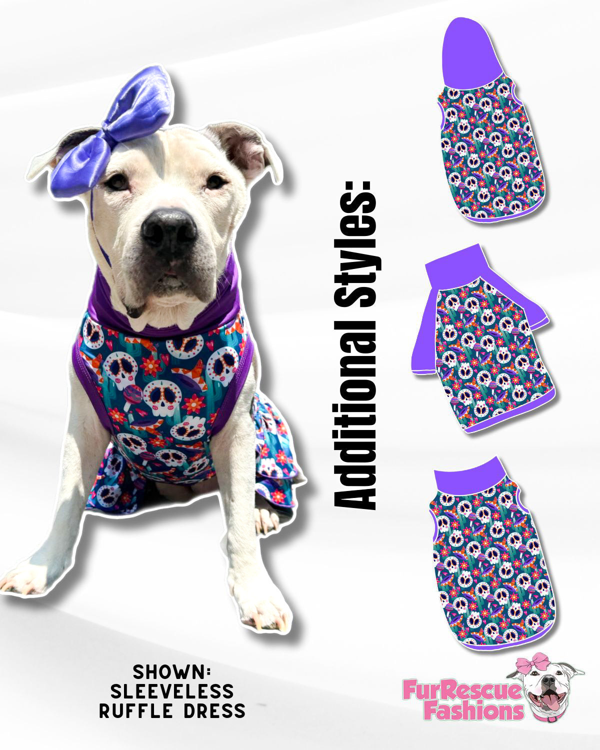 Day Of The Dead Skulls Dog Pajama with Purple Neck & Trim/Sleeves