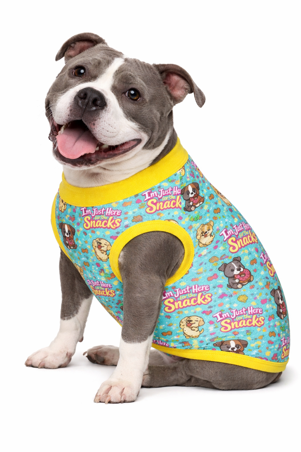 I’m Just Here For The Snacks - Dog Pajama with Hot Pink OR Yellow Neck & Trim/Sleeves