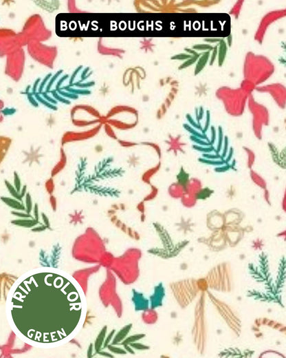 Bows, Boughs & Holly Dog Pajama with Green Neck & Trim/Sleeves