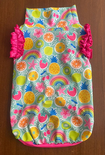 Summer Fruits & Rainbows - Dog Pajama with Pink OR Yellow Neck & Trim/Sleeves