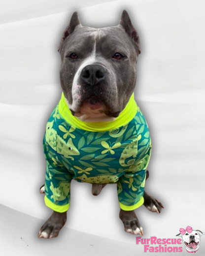 Chillin’ Chameleon - Dog Pajama with Neon Green Neck & Trim/Sleeves