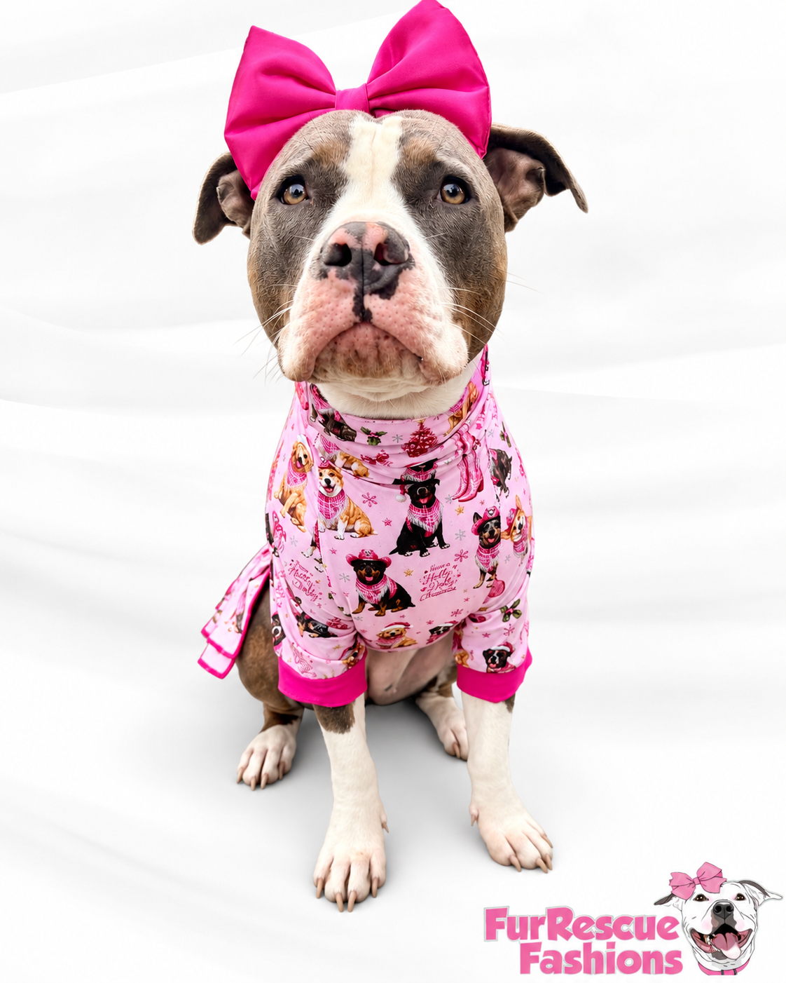 Holly Dolly Christmas - Dog Pajama with Pink Neck & Trim/Sleeves