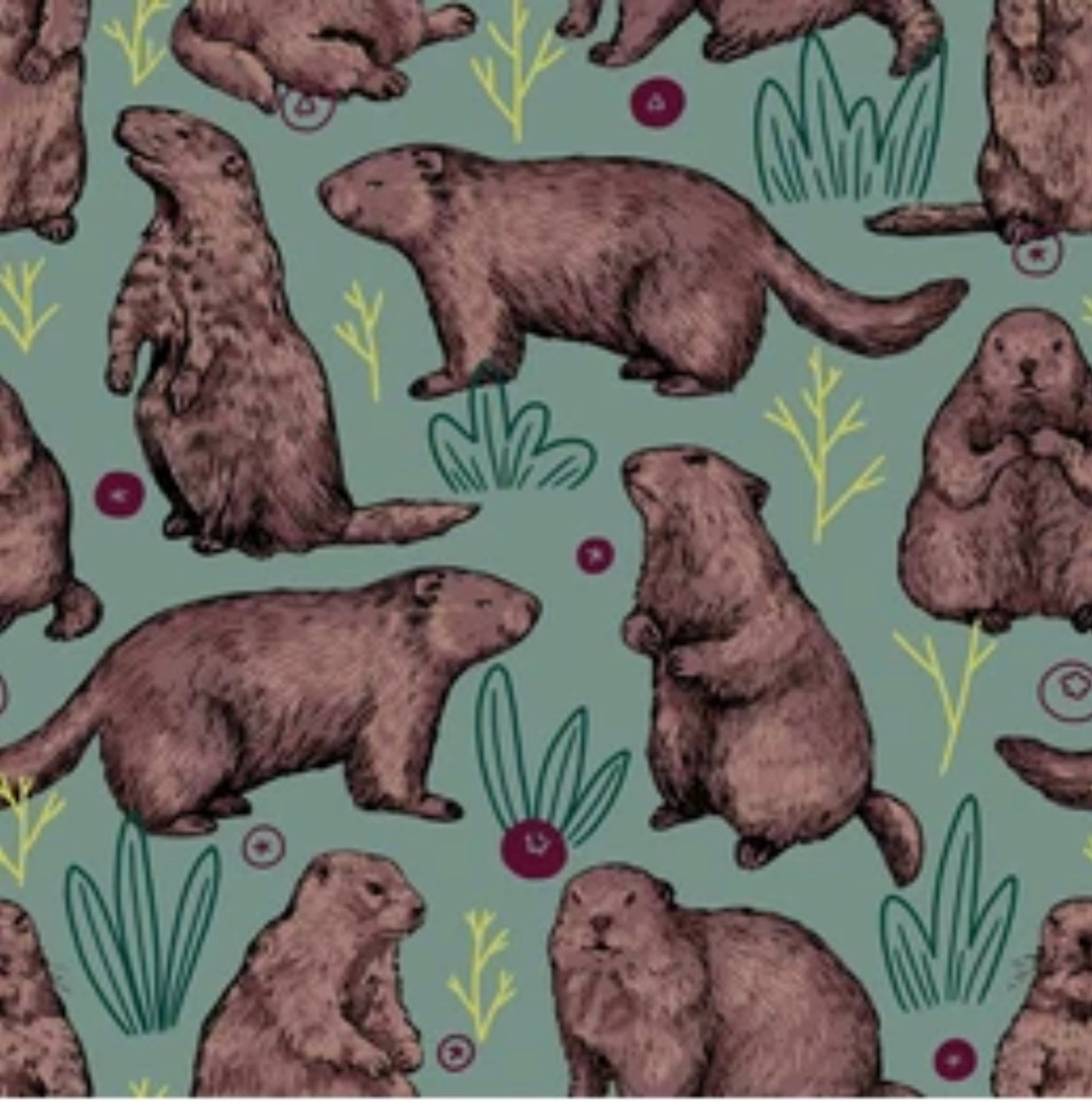 Snuggly Groundhogs Dog Pajama with Burgundy Neck & Trim/Sleeves