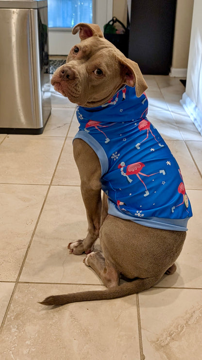 Winter Flamingos Dog Pajama with Light Blue Neck & Trim/Sleeves