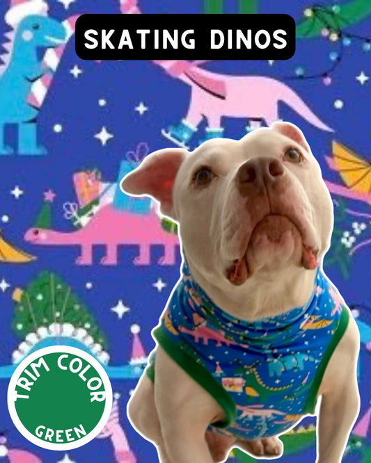 Skating Dinos  - Dog Pajama with Green Neck & Trim/Sleeves