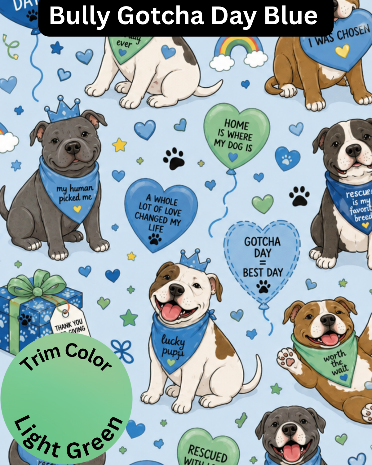 Bully Gotcha Day Blue - Dog Pajama with Light Green Neck & Trim/Sleeves