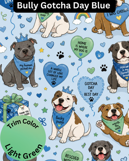 Bully Gotcha Day Blue - Dog Pajama with Light Green Neck & Trim/Sleeves