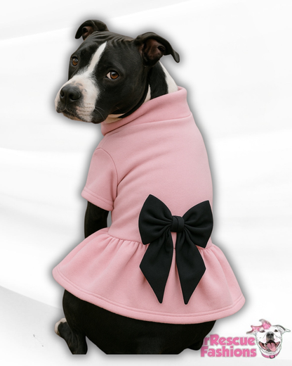 Pretty in Pink Dog Dress – Cozy Sweatshirt Fabric with Black Bow & Turtleneck