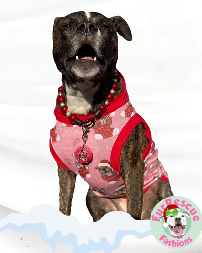 Merry Pitmas Pink- Dog Pajama with Red Neck & Trim/Sleeves