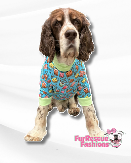 Boba Tea Dog Pajama with Green Neck & Trim/Sleeves