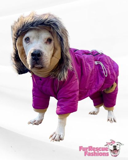 Arctic Explorer 4-Legged Dog Puffer – Weather-Resistant Coat with Snood & Removable Faux Fur Hood (Multiple Colors)