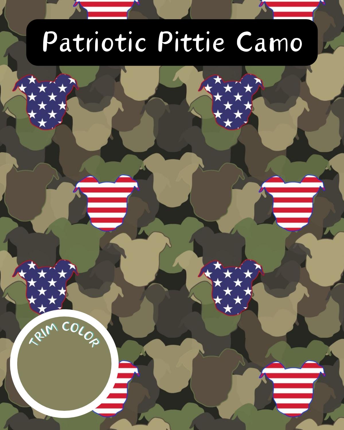 Patriotic Pittie Camo – Dog Pajama with Olive Green Neck & Trim/Sleeves