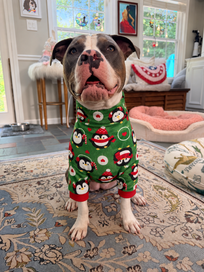 Christmas Penguins on Green Ultra-Luxe - Dog Pajama with Red Neck & Trim/Sleeves
