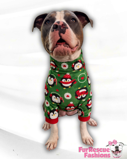 Christmas Penguins on Green Ultra-Luxe - Dog Pajama with Red Neck & Trim/Sleeves