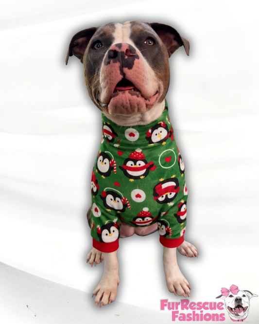 Christmas Penguins on Green Ultra-Luxe - Dog Pajama with Red Neck & Trim/Sleeves