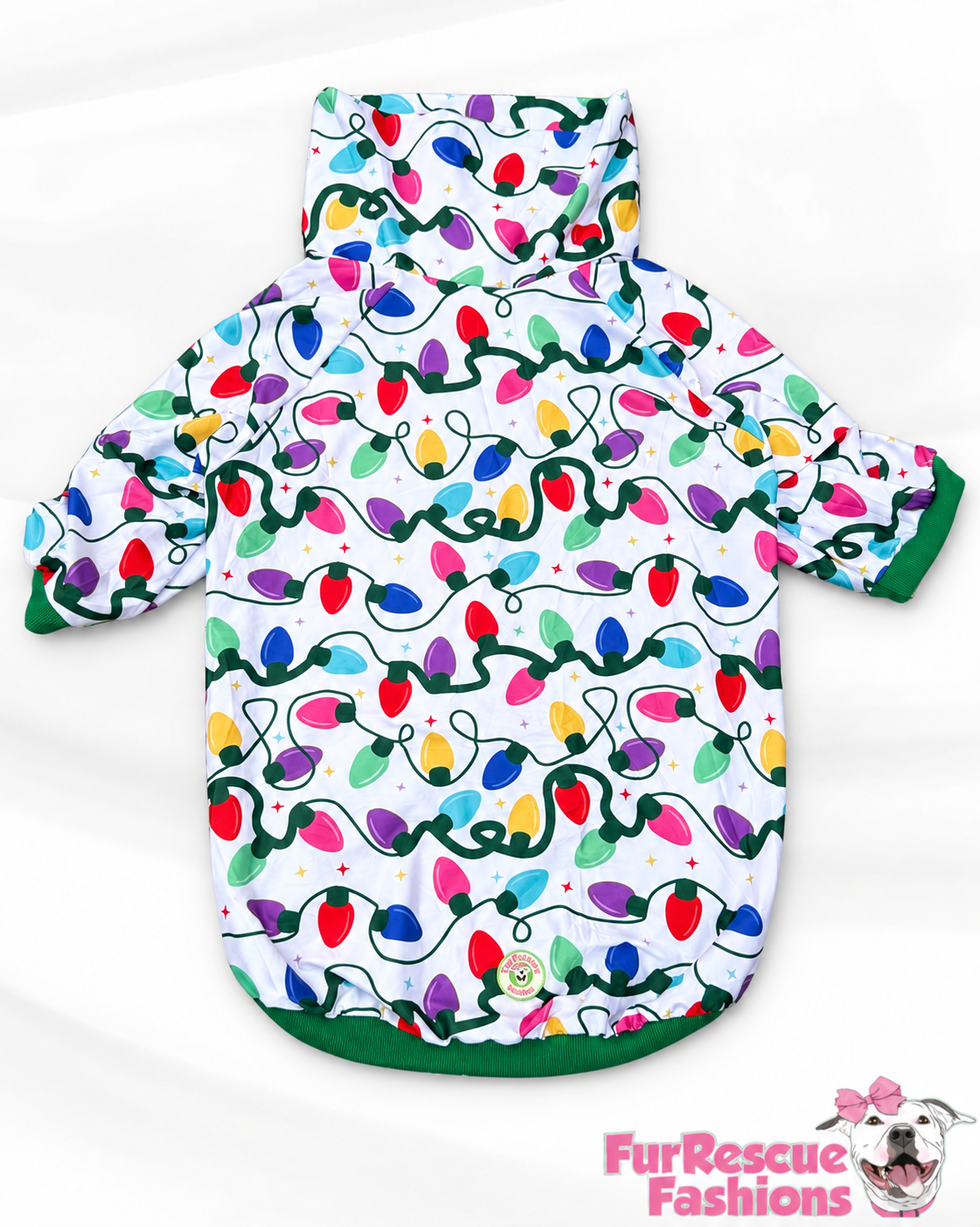 Merry & Bright Christmas Lights - White   - Dog Pajama with Green Neck & Trim/Sleeves