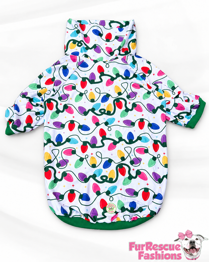 Merry & Bright Christmas Lights - White   - Dog Pajama with Green Neck & Trim/Sleeves