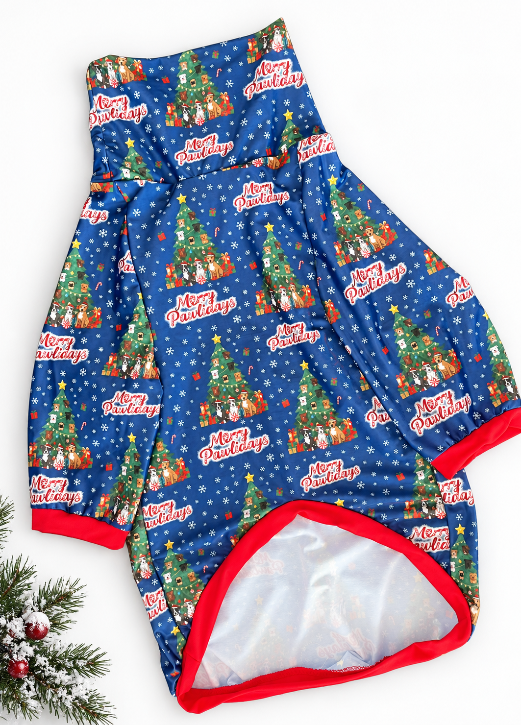 Merry Pawlidays Christmas Tree Pups - Dog Pajama with Red Neck & Trim/Sleeves