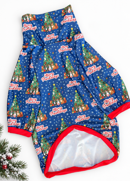 Merry Pawlidays Christmas Tree Pups - Dog Pajama with Red Neck & Trim/Sleeves