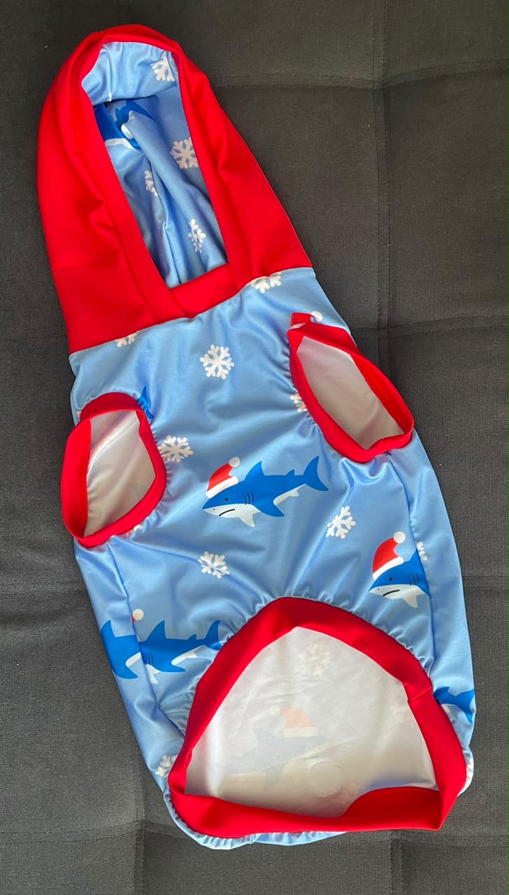 Santa Sharks - Dog Pajama with Red Neck & Trim/Sleeves