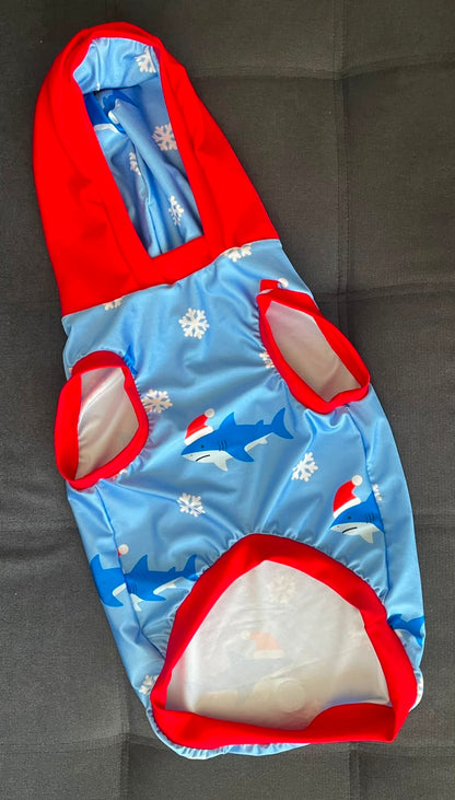 Santa Sharks - Dog Pajama with Red Neck & Trim/Sleeves