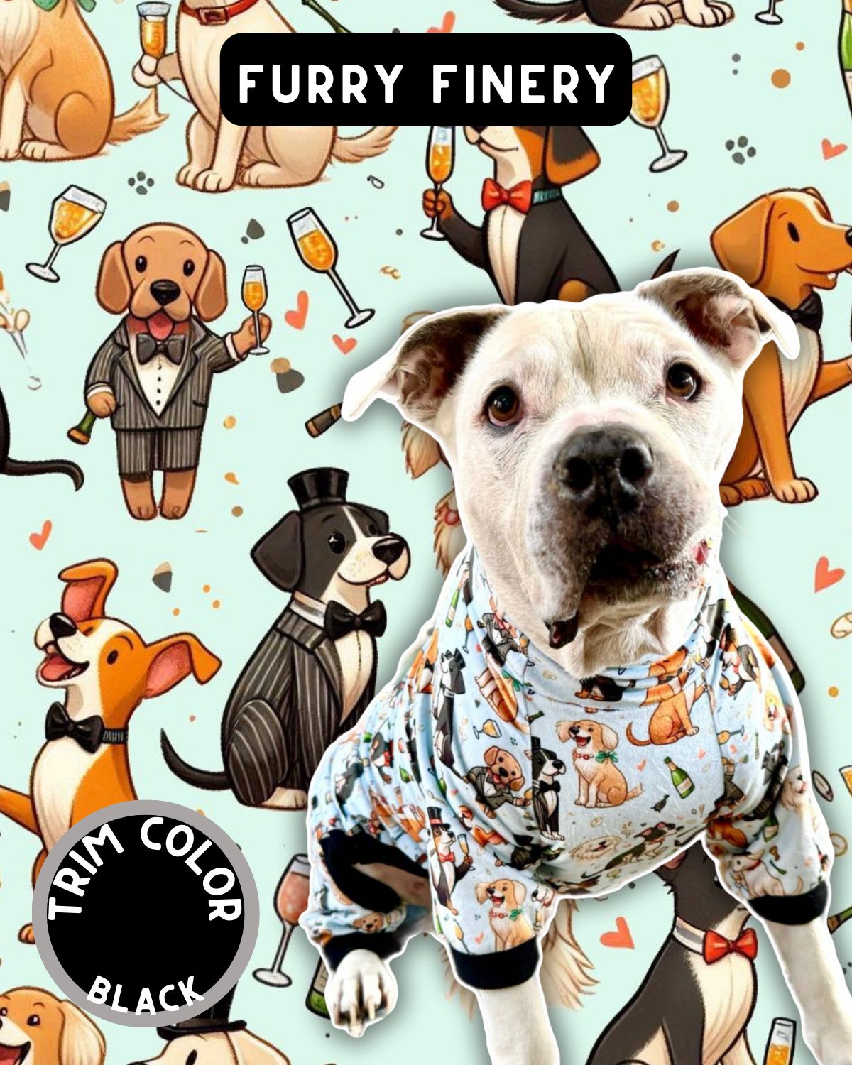 Furry Finery on NYE - Dog Pajama with Black Neck & Trim/Sleeves