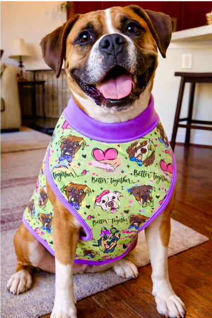 Better Together (Green) - Dog Pajama with Purple Neck & Trim/Sleeves